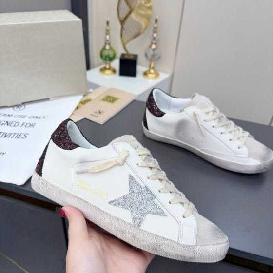 Golden Goose Superstar white silver burgundy off white skate shoe lifestyle