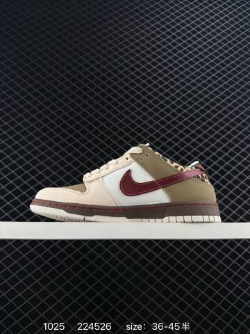 Nike SB Dunk Low Beige Olive White With Burgundy Swoosh And Leopard Print Collar 36-45 Skate - Unisex (BS-74590)