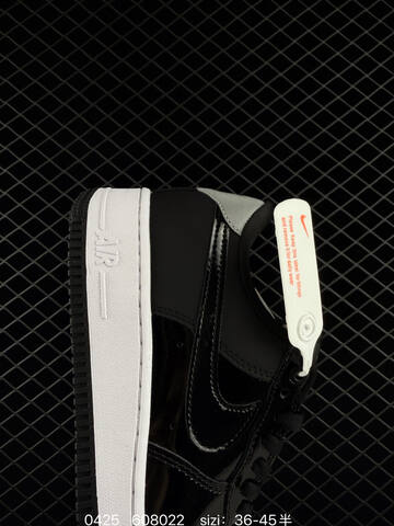 Nike Air Force 1 Black Patent Leather With White Midsole Silver Heel Accents Black Outsole EU 36-45 Half Sizes Available Lifestyle - Unisex BS-71880