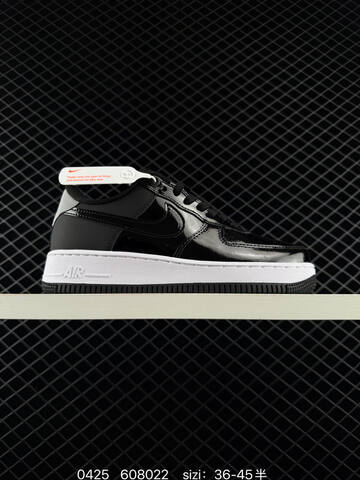 Nike Air Force 1 Black Patent Leather With White Midsole Silver Heel Accents Black Outsole EU 36-45 Half Sizes Available Lifestyle - Unisex (BS-71880)