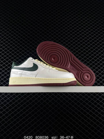 Nike Air Force 1 07 Low Metallic Silver With Dark Green Swoosh Cream Midsole Burgundy Outsole Cream Laces EU 36-47 Half Sizes Available Lifestyle - Unisex (BS-71980)
