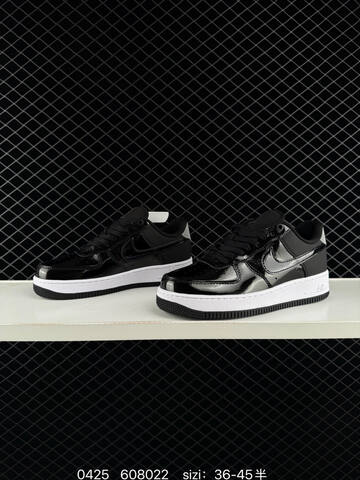 Nike Air Force 1 Black Patent Leather With White Midsole Silver Heel Accents Black Outsole EU 36-45 Half Sizes Available Lifestyle - Unisex (BS-71880)
