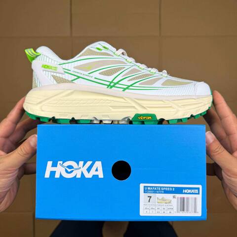 HOKA ONE ONE Mafate Speed 2 White Beige Neon Green Cream Trail Shoe Trail Running Sneakers BS-86854