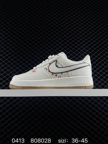 Nike Air Force 1 07 LV8 Off-white With Multicolor Monogram Print Black Swoosh Outline Gold Branding Gum Outsole EU 36-45 Lifestyle - Unisex (BS-72135)
