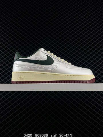 Nike Air Force 1 07 Low Metallic Silver With Dark Green Swoosh Cream Midsole Burgundy Outsole Cream Laces EU 36-47 Half Sizes Available Lifestyle - Unisex (BS-71980)