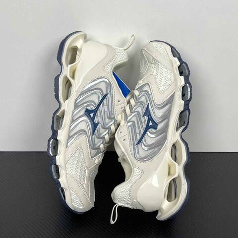 Mizuno WAVE PROPHECY J1 GC258384 Off White Silver Navy Running Shoe Running Sneakers (BS-86775)