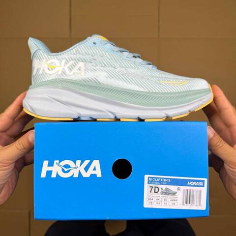 HOKA ONE ONE Clifton 9 Light Blue White Yellow Running Shoe Running Sneakers BS-86862