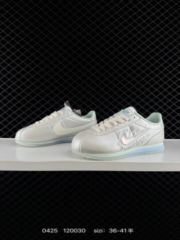 Nike Cortez Low All Petals United Pearlescent Off-white With Light Mint Accents Pale Blue Midsole Stripe Iridescent Swoosh Embossed Star Heart Details EU 36-41 Half Sizes Available Lifestyle - Unisex BS-71879