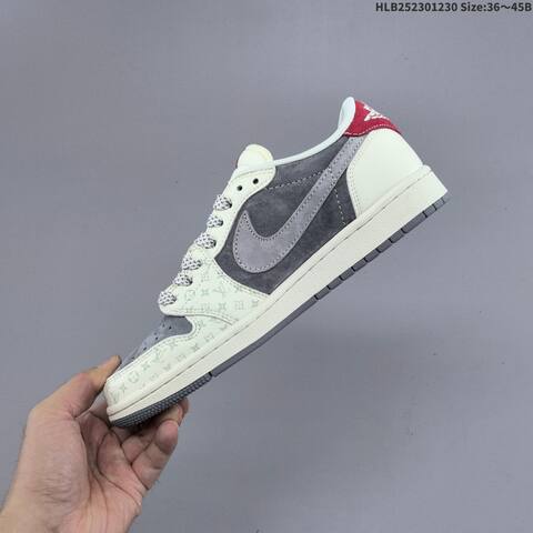 Nike Air Jordan 1 Low Gray White Red With Monogram Pattern 36 45 Lifestyle - Unisex (BS-67173)