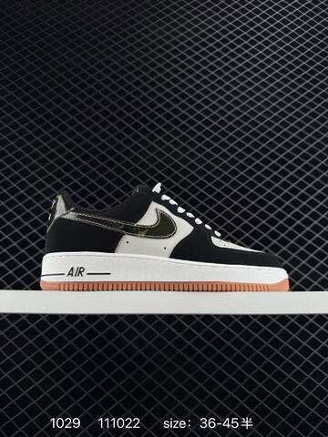 Nike Air Force 1 Low Retro Black White With Camo Metallic Swoosh And Gum Sole EU 36-45 Casual - Unisex (BS-74493)