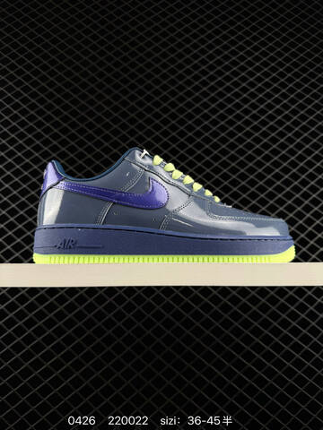 Nike Air Force 1 07 LV8 Two Colorways 1 Patent Dark Slate Blue With Purple Swoosh Navy Midsole Volt Outsole Laces 2 Patent Golden Yellow With Green Swoosh Yellow Midsole Gum Outsole EU 36-45 Half Sizes Available Lifestyle - Unisex BS-71857