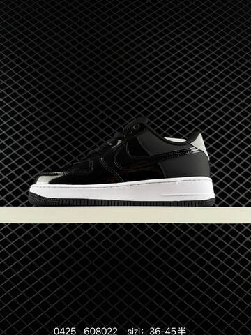 Nike Air Force 1 Black Patent Leather With White Midsole Silver Heel Accents Black Outsole EU 36-45 Half Sizes Available Lifestyle - Unisex (BS-71880)
