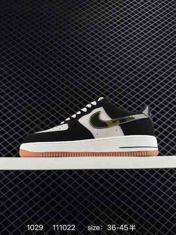 Nike Air Force 1 Low Retro Black White With Camo Metallic Swoosh And Gum Sole EU 36-45 Casual - Unisex (BS-74493)