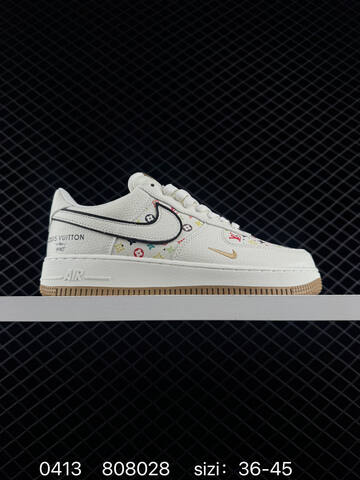 Nike Air Force 1 07 LV8 Off-white With Multicolor Monogram Print Black Swoosh Outline Gold Branding Gum Outsole EU 36-45 Lifestyle - Unisex (BS-72135)