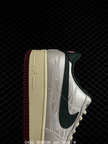 Nike Air Force 1 07 Low Metallic Silver With Dark Green Swoosh Cream Midsole Burgundy Outsole Cream Laces EU 36-47 Half Sizes Available Lifestyle - Unisex (BS-71980)