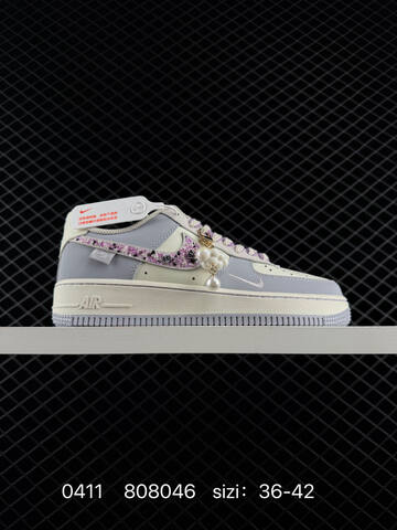 Nike Air Force 1 07 LV8 Light Grey Cream White Lavender Purple With Glitter Rose Swoosh And Pearl Charm EU 36-42 Lifestyle - Unisex (BS-72178)