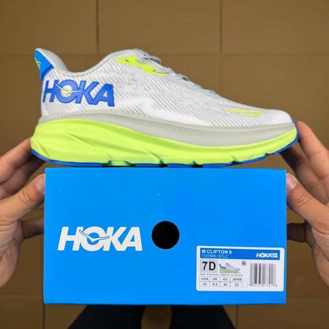 HOKA ONE ONE Clifton 9 Grey Neon Yellow Blue White Running Shoe Running Sneakers BS-86871