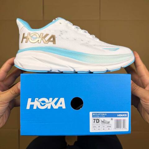 HOKA Clifton 9 White Light Blue Gold Running Shoe Running Sneakers BS-86860