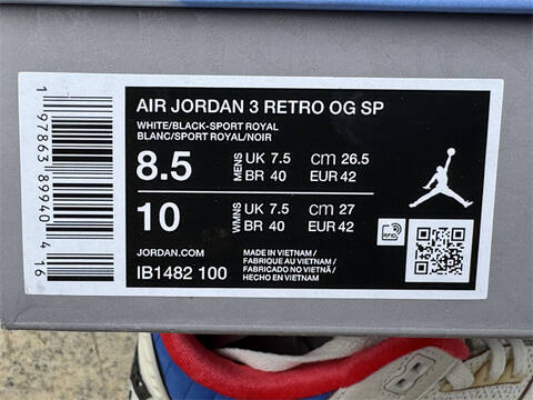 Jordan Air Jordan 3 Retro OG SP IB1482 100 White Black Sport Royal Red US 8 5 UK 7 5 EUR 42 26 5cm Basketball Shoe - Men's (BS-87342)