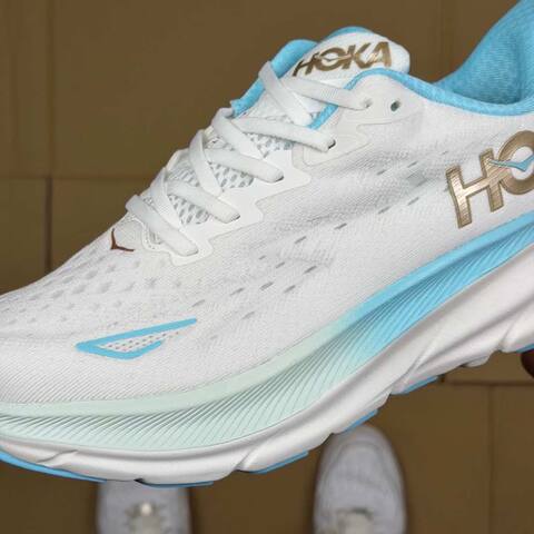 HOKA Clifton 9 White Light Blue Gold Running Shoe Running Sneakers (BS-86860)