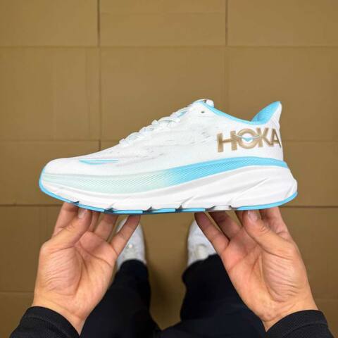 HOKA Clifton 9 White Light Blue Gold Running Shoe Running Sneakers (BS-86860)
