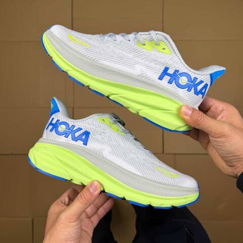 HOKA ONE ONE Clifton 9 Grey Neon Yellow Blue White Running Shoe Running Sneakers (BS-86871)