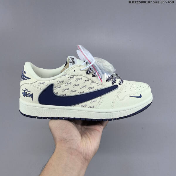 Nike Air Jordan 1 x Travis Scott cream/navy with Stussy script and blue laces 36~45B lifestyle