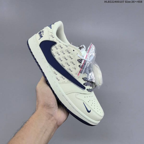 Nike Air Jordan 1 x Travis Scott cream/navy with Stussy script and blue laces 36~45B lifestyle