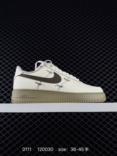 Nike Air Force 1 07 Low cream white with brown swoosh and olive sole 36-45 lifestyle
