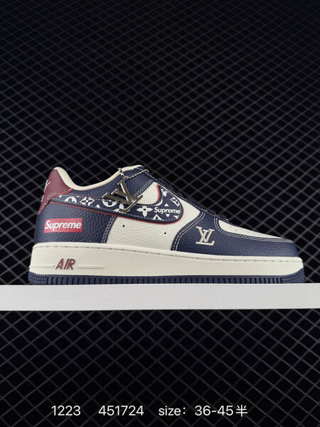 Nike Air Force 1 07 navy white burgundy with Supreme and Louis Vuitton-style monogram accents 36-45 casual lifestyle