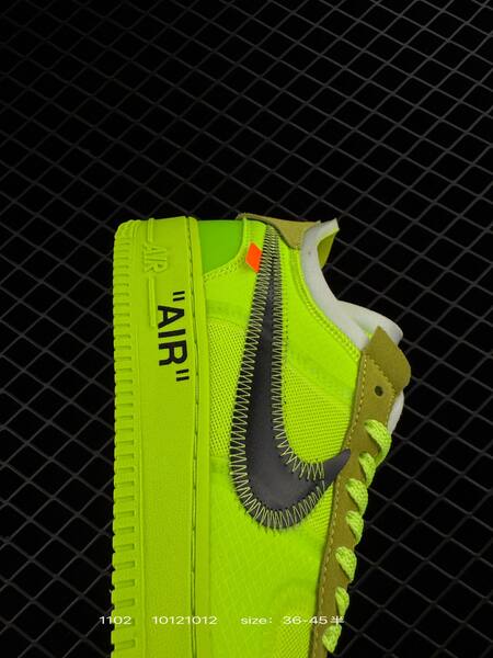 Nike Air Force 1 07 Low x Off-White neon yellow volt with black swoosh and tan accents EU 36-45 lifestyle