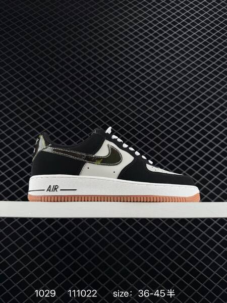 Nike Air Force 1 Low Retro black white with camo metallic swoosh and gum sole EU 36-45 casual lifestyle