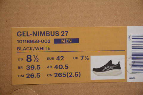 ASICS GEL NIMBUS 27 1011B958 002 Black White US 8 5 EUR 42 UK 7 5 CM 26 5 CN 265 Running Shoe Running Sneakers - Men's (BS-59745)