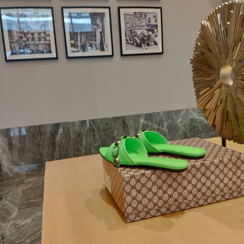Balenciaga Cagole Flat Slide Sandal neon green gunmetal