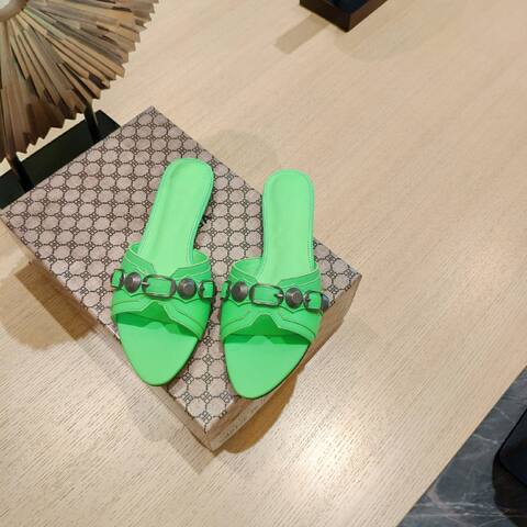 Balenciaga Cagole Flat Slide Sandal neon green gunmetal
