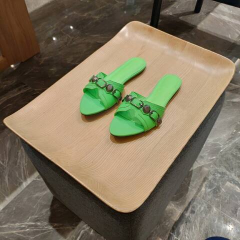 Balenciaga Cagole Flat Slide Sandal neon green gunmetal