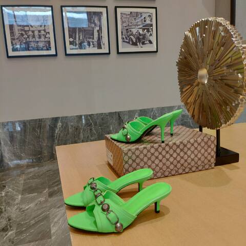 Balenciaga Cagole Heeled Mule neon green gunmetal