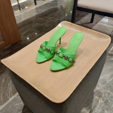 Balenciaga Cagole Heeled Mule neon green gunmetal